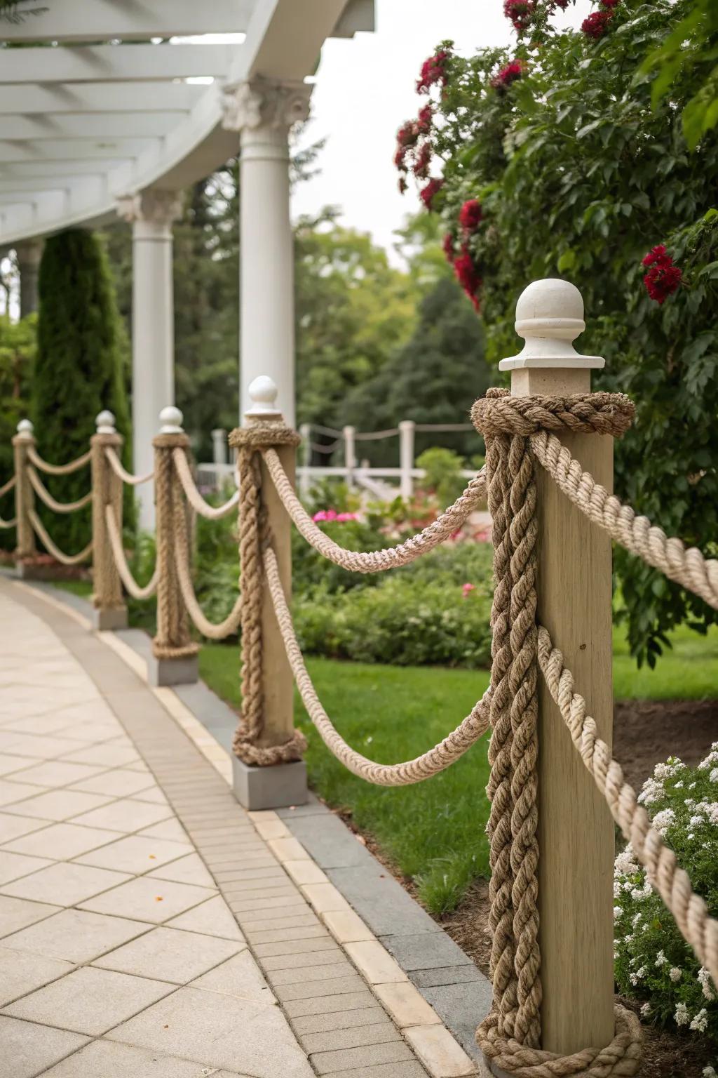A rope fence adds a nautical touch to your garden landscape.