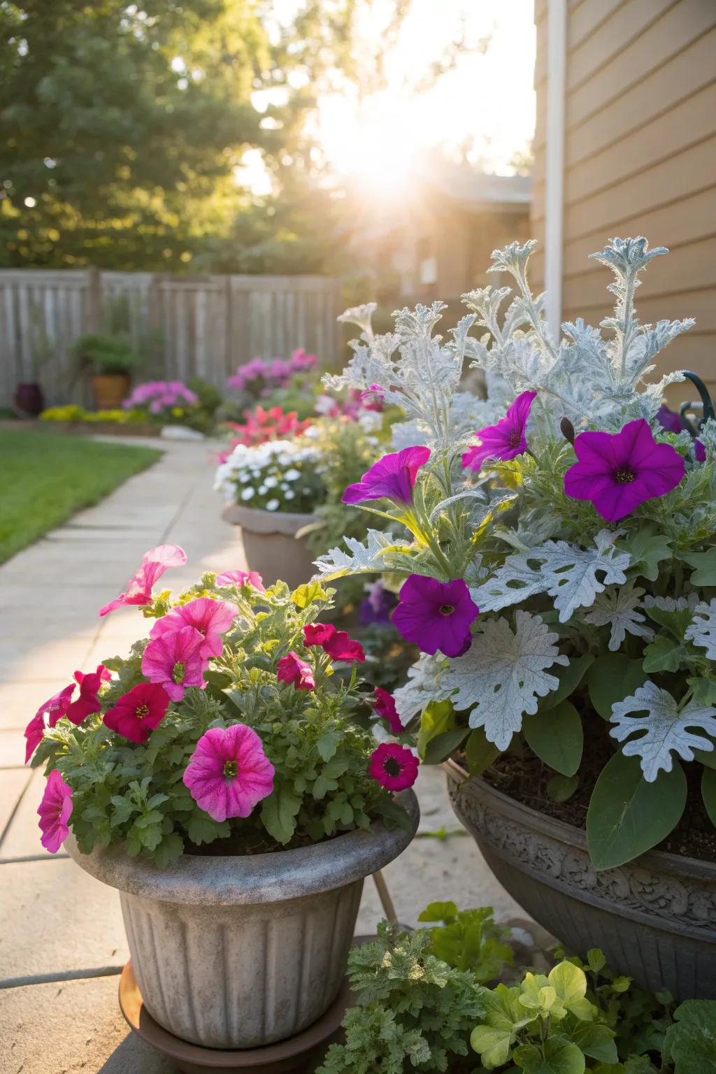 A lively container combination with dusty miller and colorful petunias.