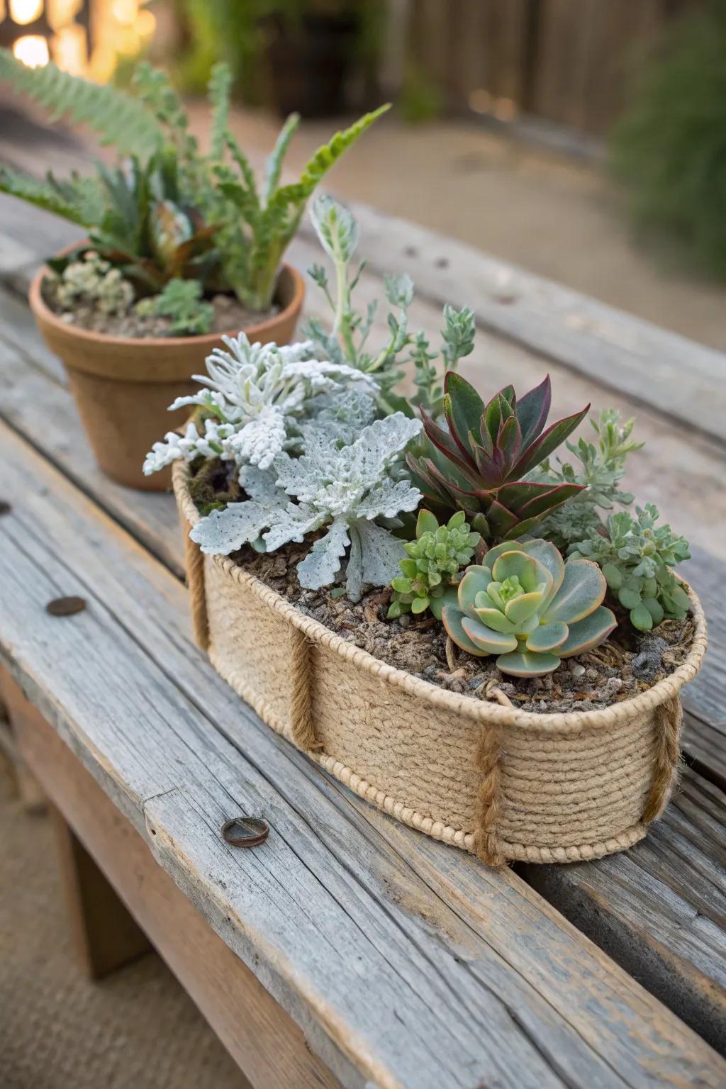A unique blend of dusty miller and succulents for effortless style.