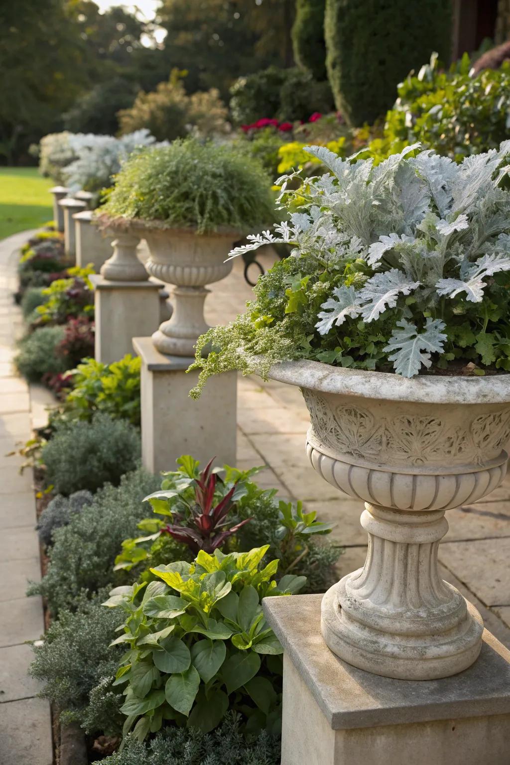 Elevated dusty miller containers for an impressive garden display.