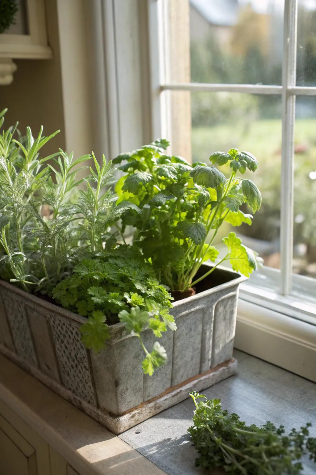 A practical and pretty combination of dusty miller and herbs.