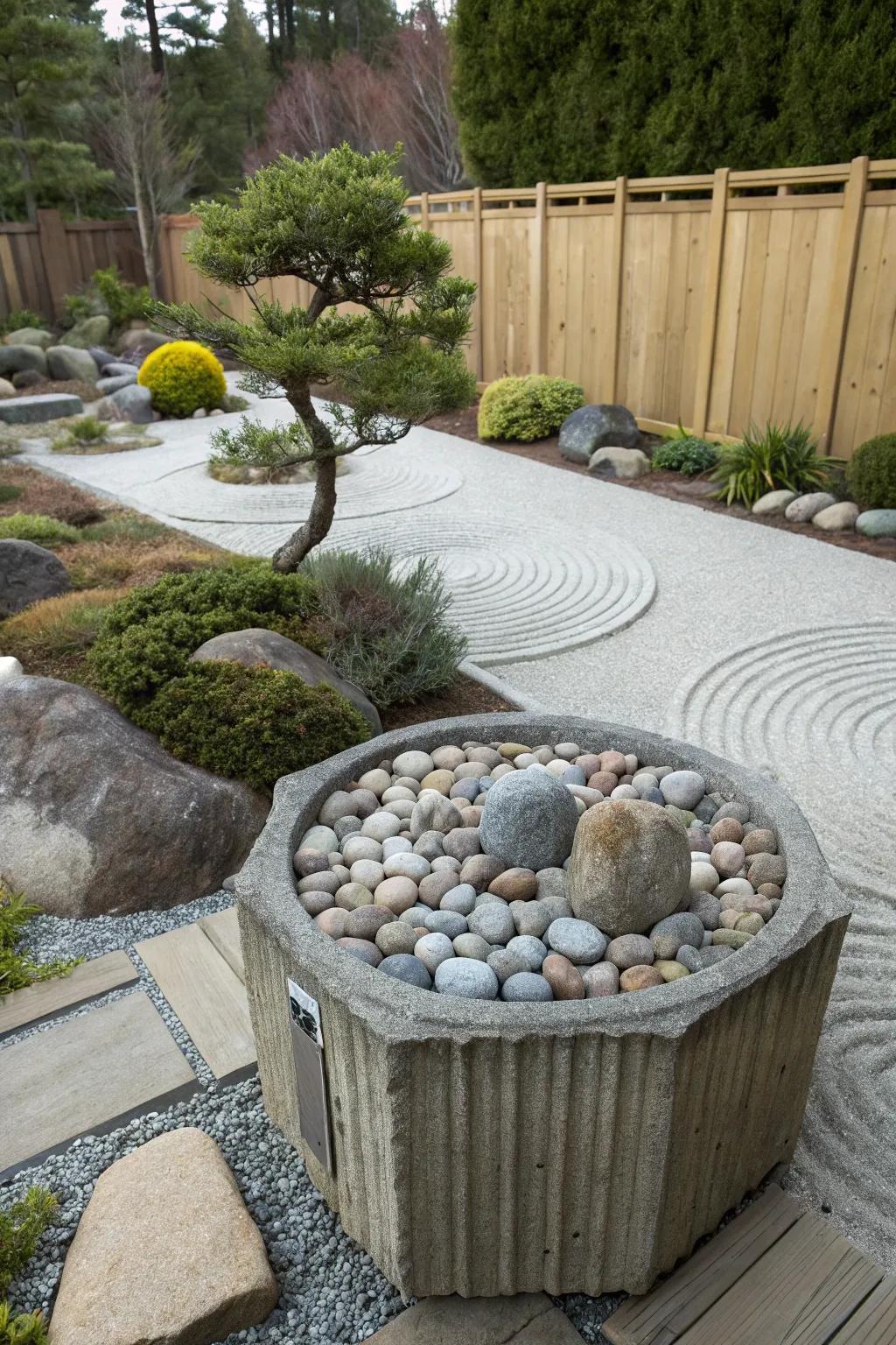 A textured and tranquil setting with dusty miller and stones.