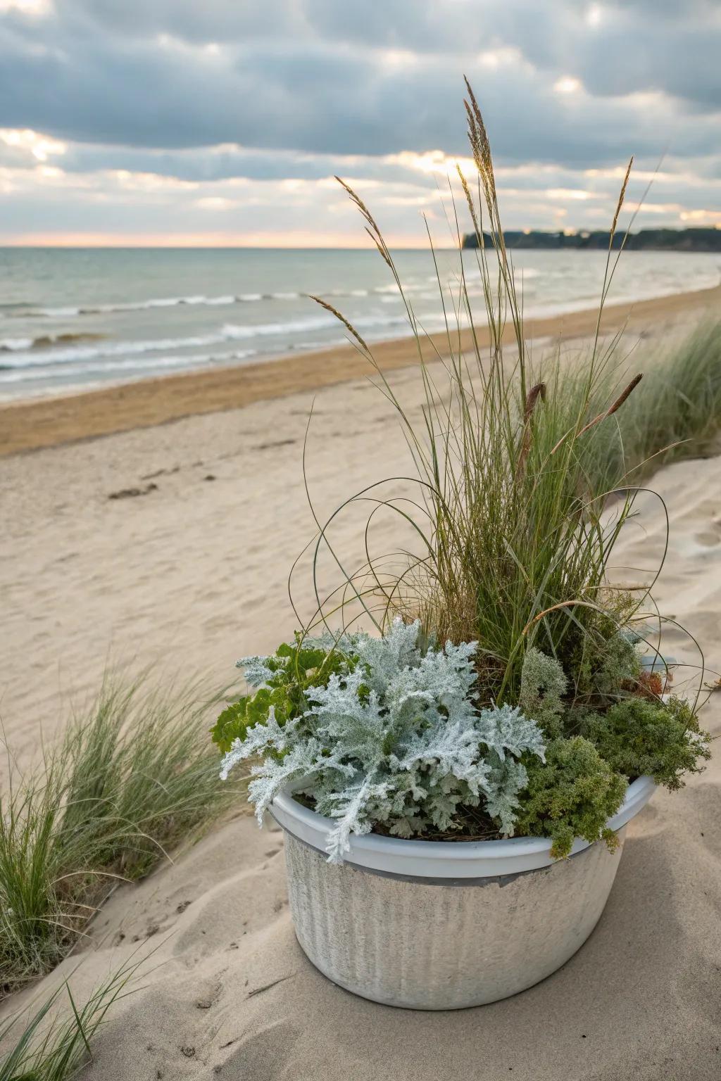 A coastal retreat with dusty miller and sandy tones.