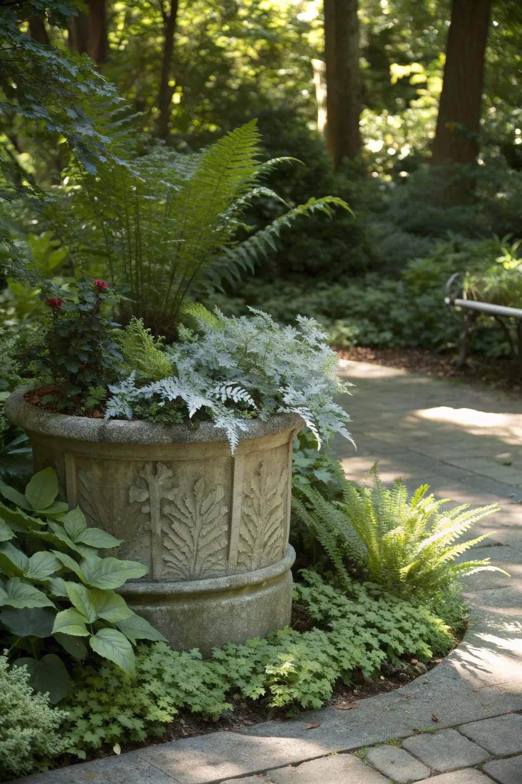 Woodland charm with a mix of dusty miller and ferns.