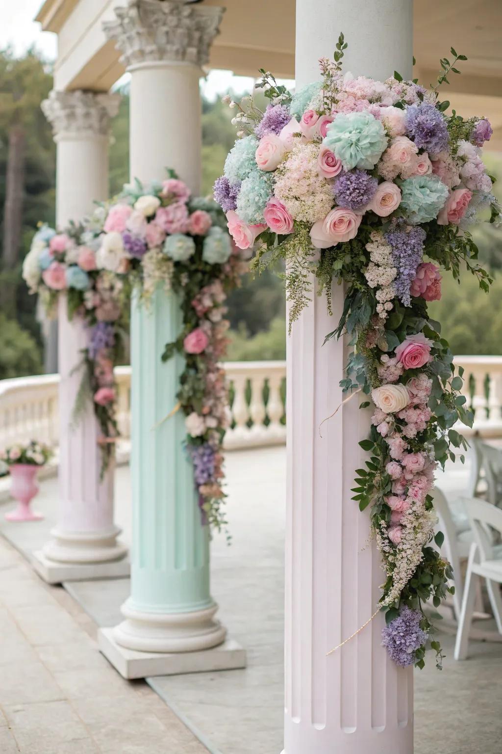 Romantic columns with cascading floral beauty.
