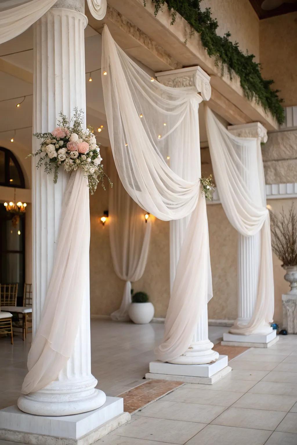 Soft drapery adding elegance to columns.