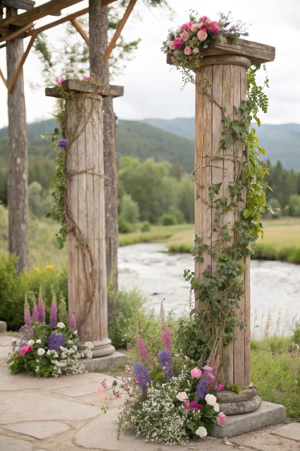 Rustic charm with wooden columns and wildflowers.