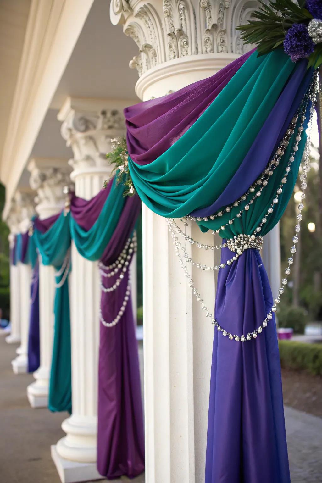 Luxurious jewel-toned column decor.