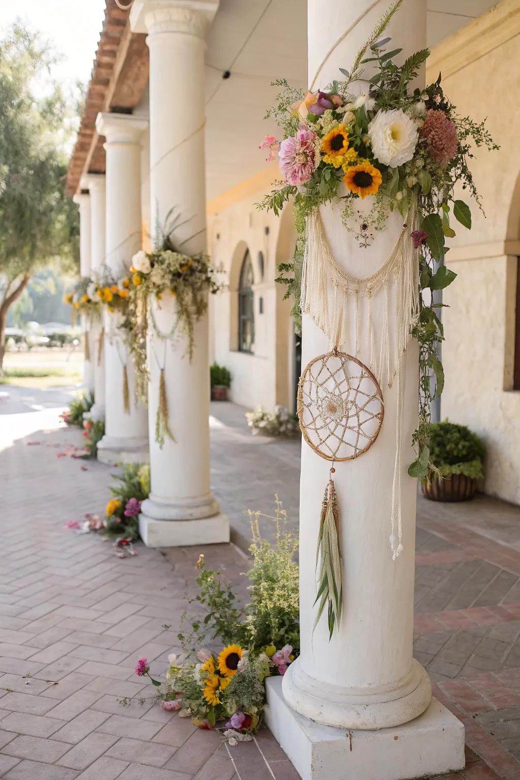 Boho-themed columns with dreamcatchers.