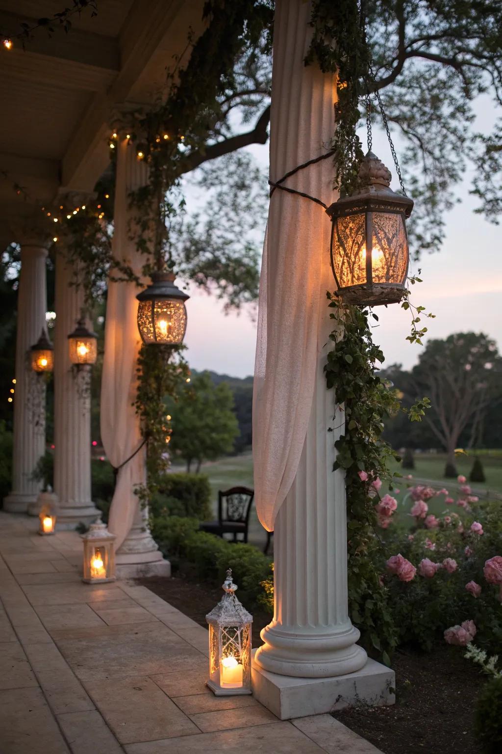 Old-world charm with vintage lanterns.