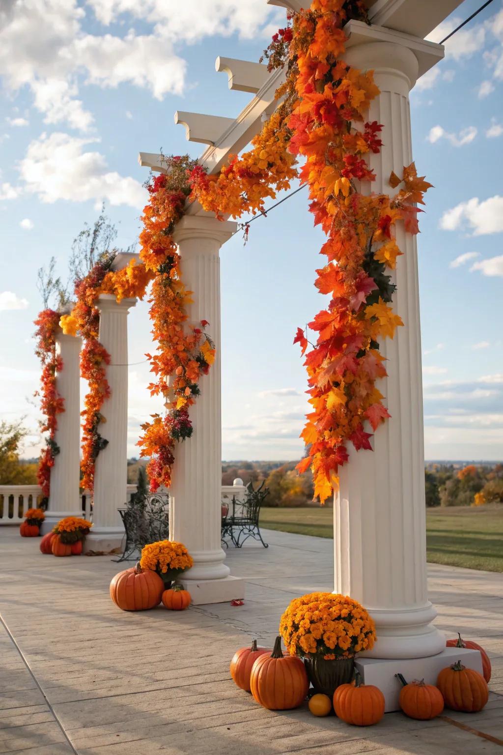 Seasonal charm with autumn-themed columns.