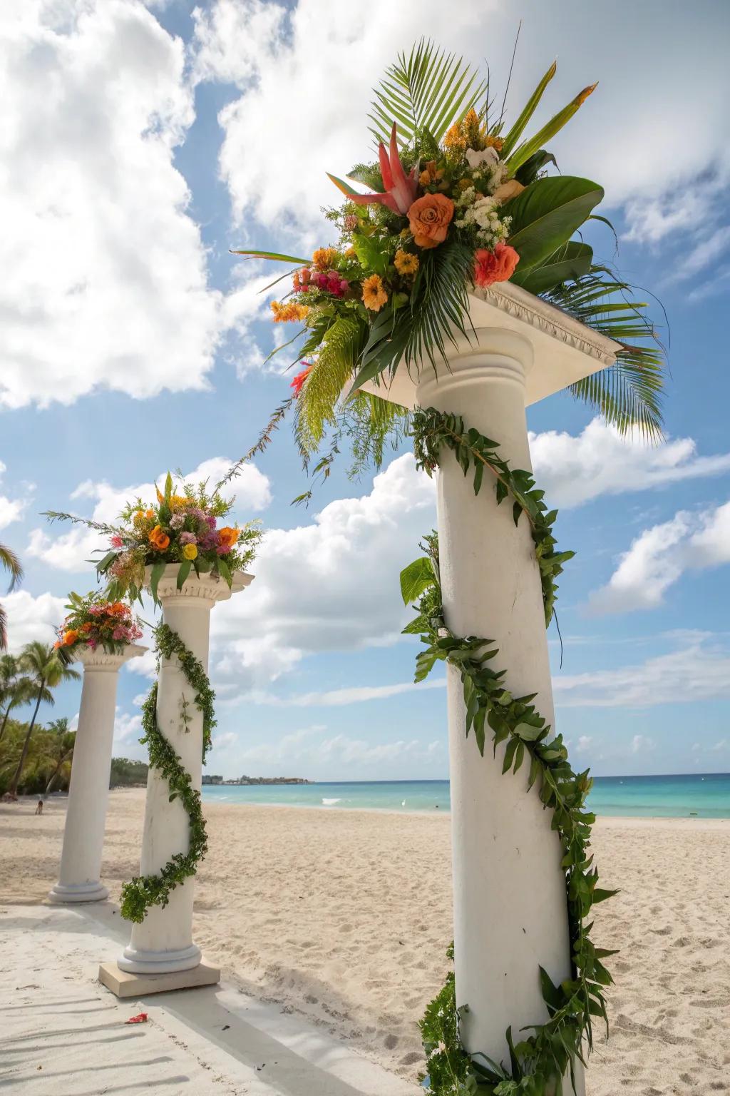 Tropical paradise with palm-adorned columns.
