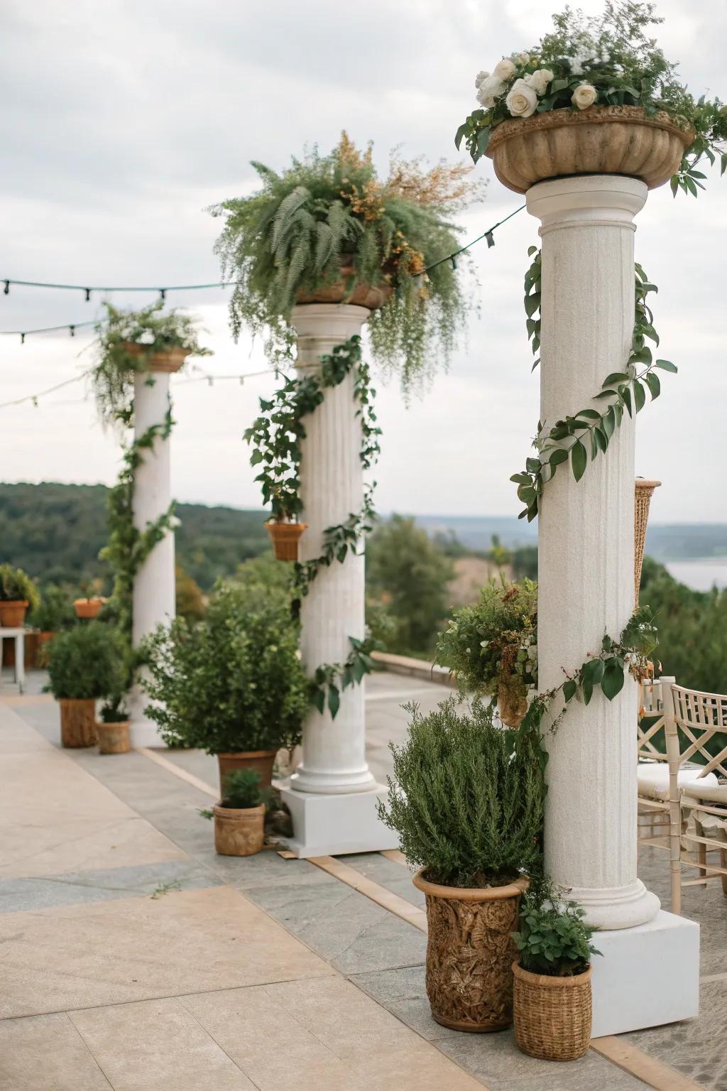 Eco-friendly columns with abundant greenery.