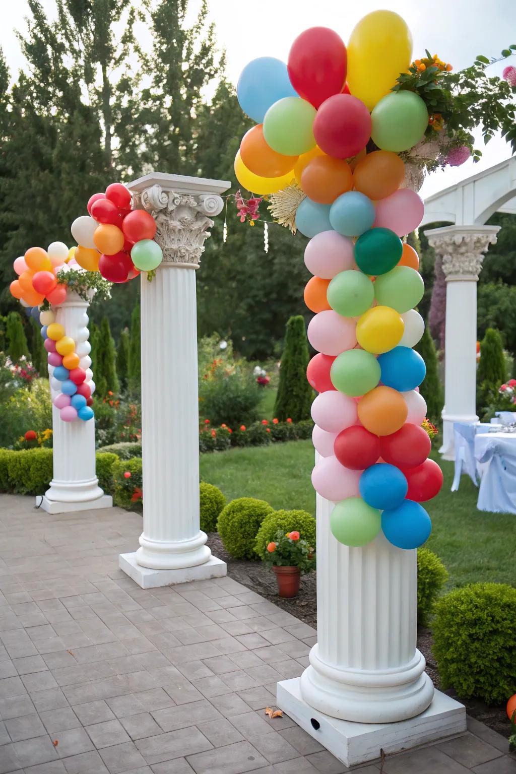 Playful surprise with balloon-adorned columns.