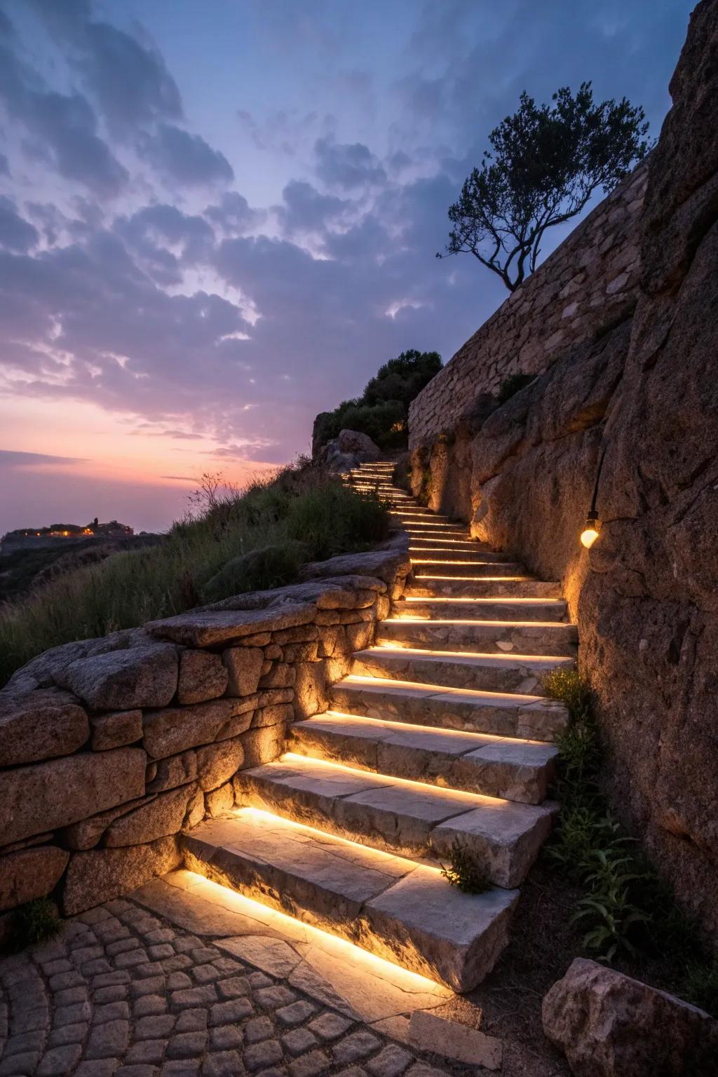 Step into magic with softly lit rock pathways.