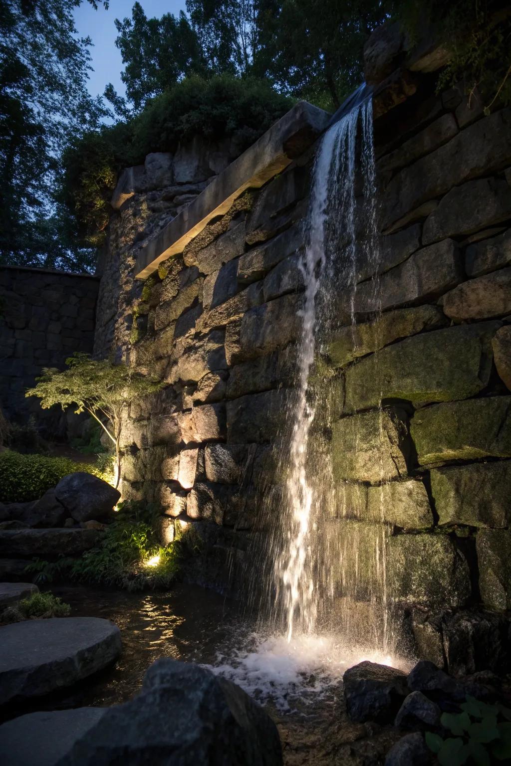 Waterfalls illuminated to perfection for a dramatic nighttime show.