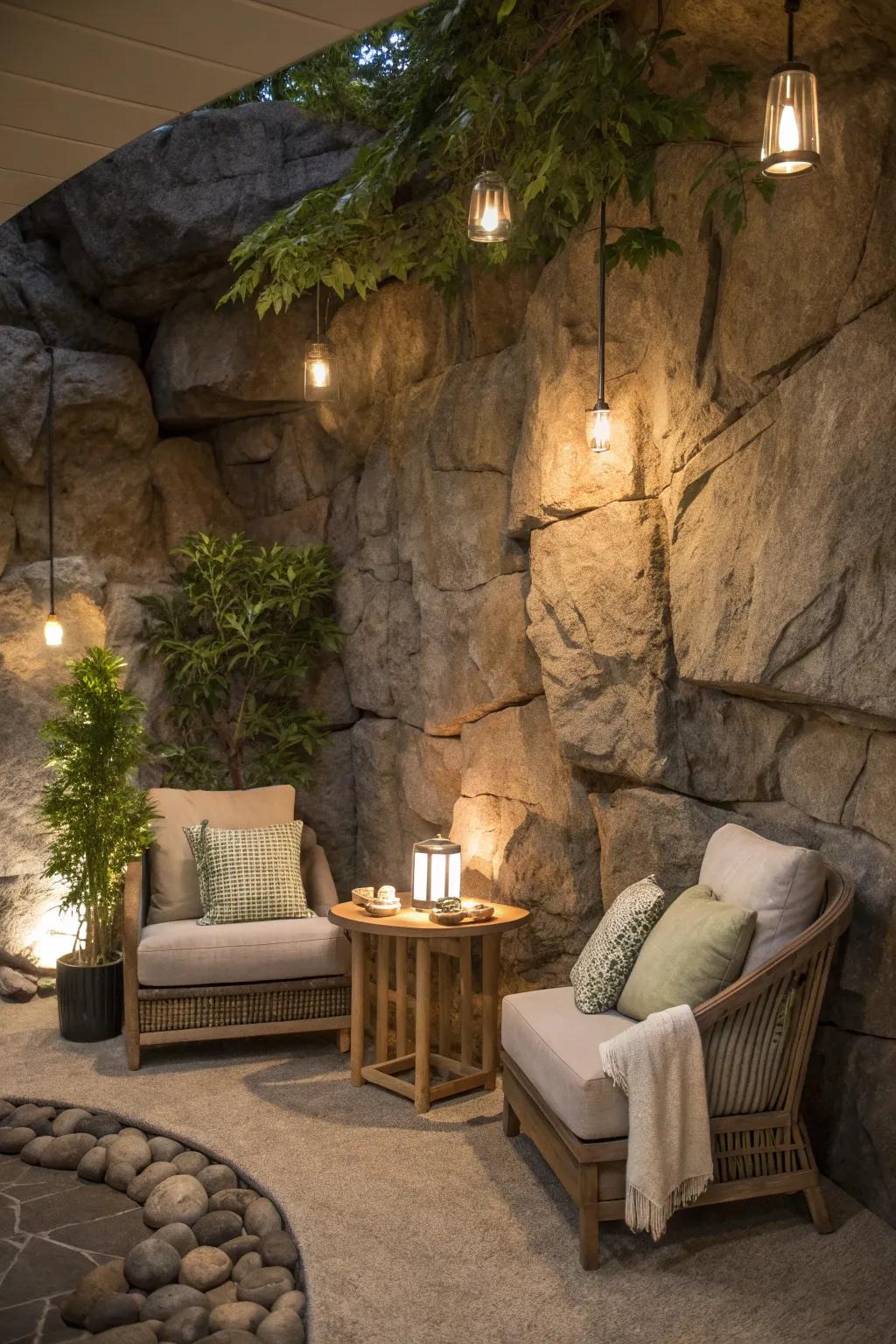 A nook of warmth and relaxation under the glow of seating area lights.