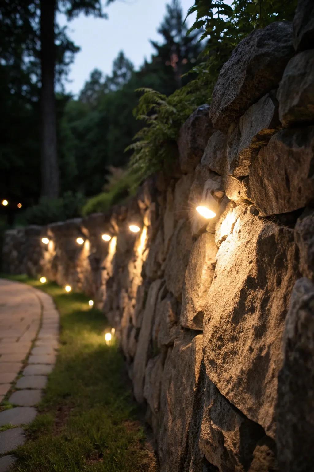 Wall grazing lights emphasize the natural texture of rock walls.