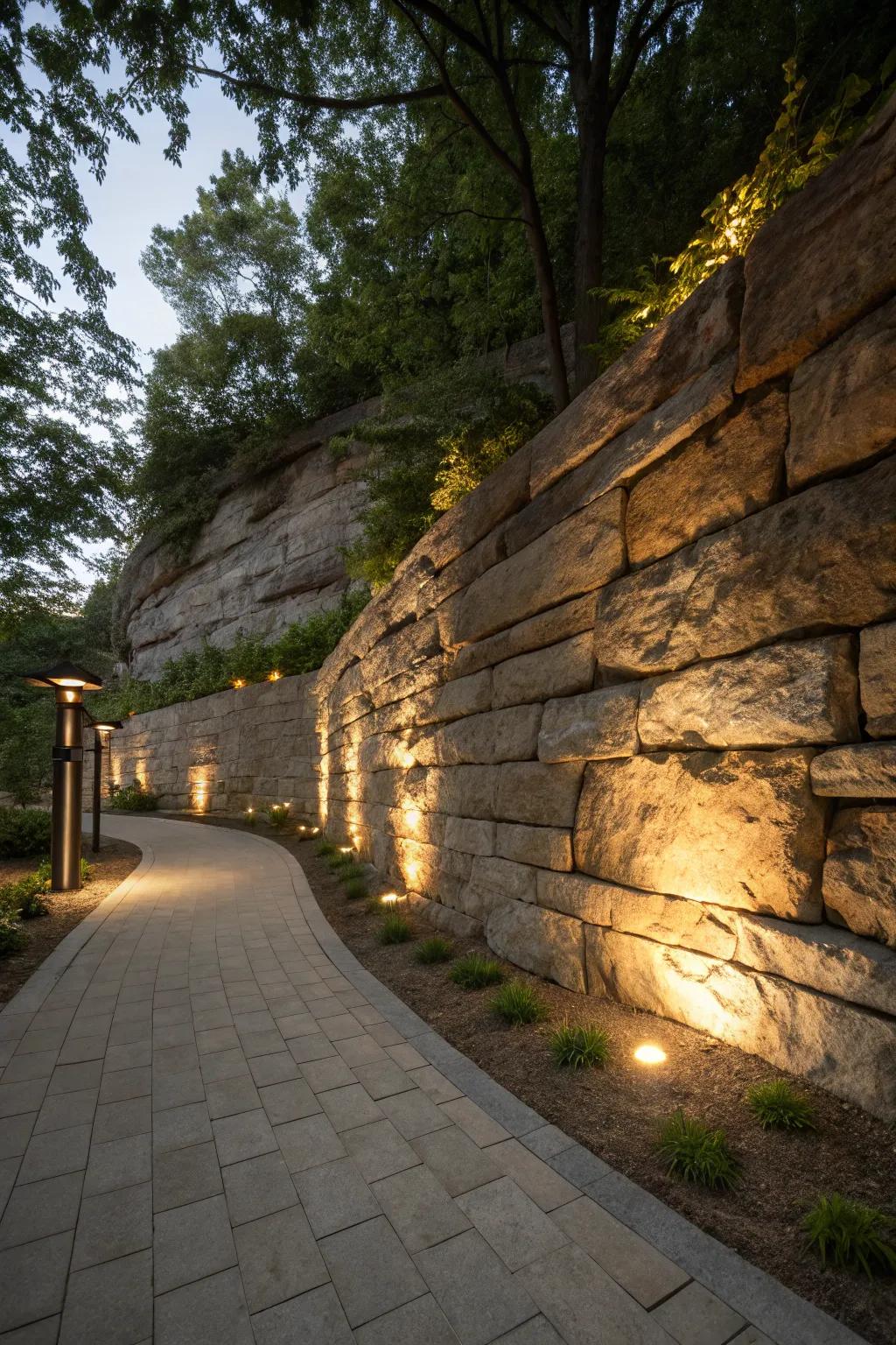 Subtle lighting lets the natural beauty of rock walls shine through.