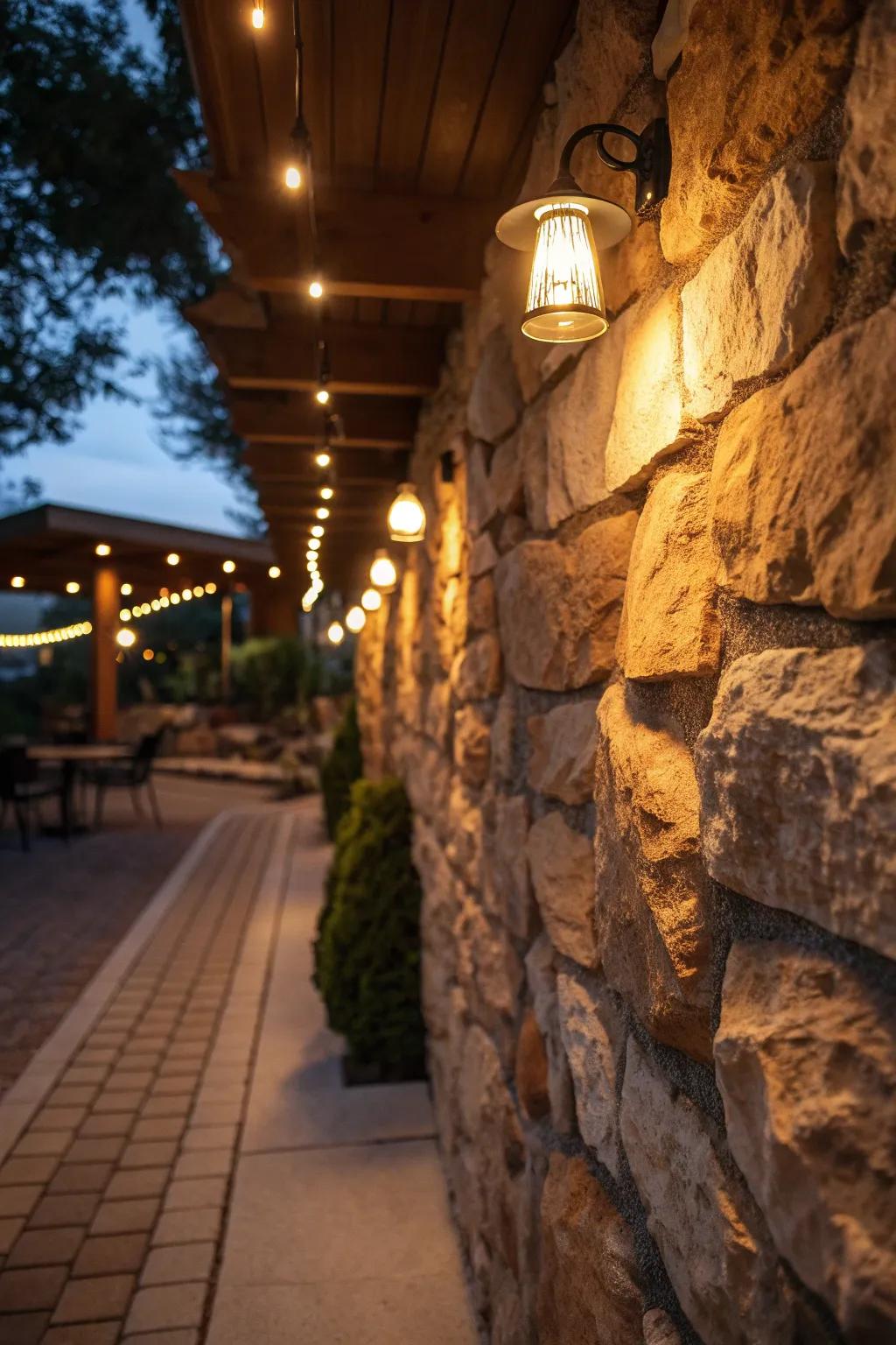 Warm lights create a welcoming glow around rock walls.