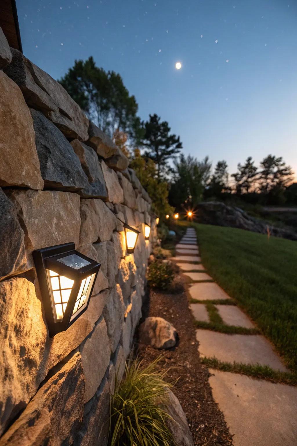 Solar lights offer an eco-friendly glow for rock walls.