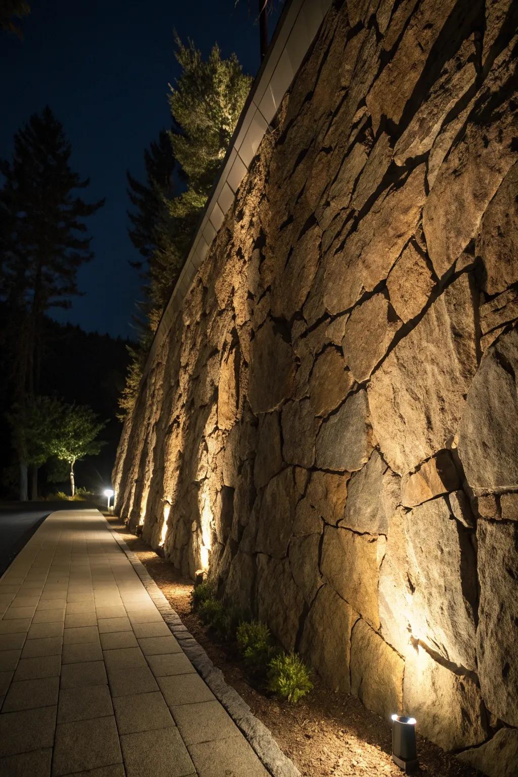 Downlighting transforms rock walls into dramatic art pieces.