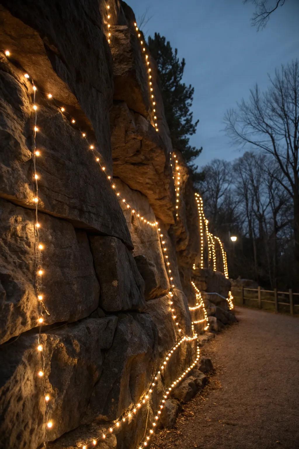 Rope lights add seasonal flair to rock walls.