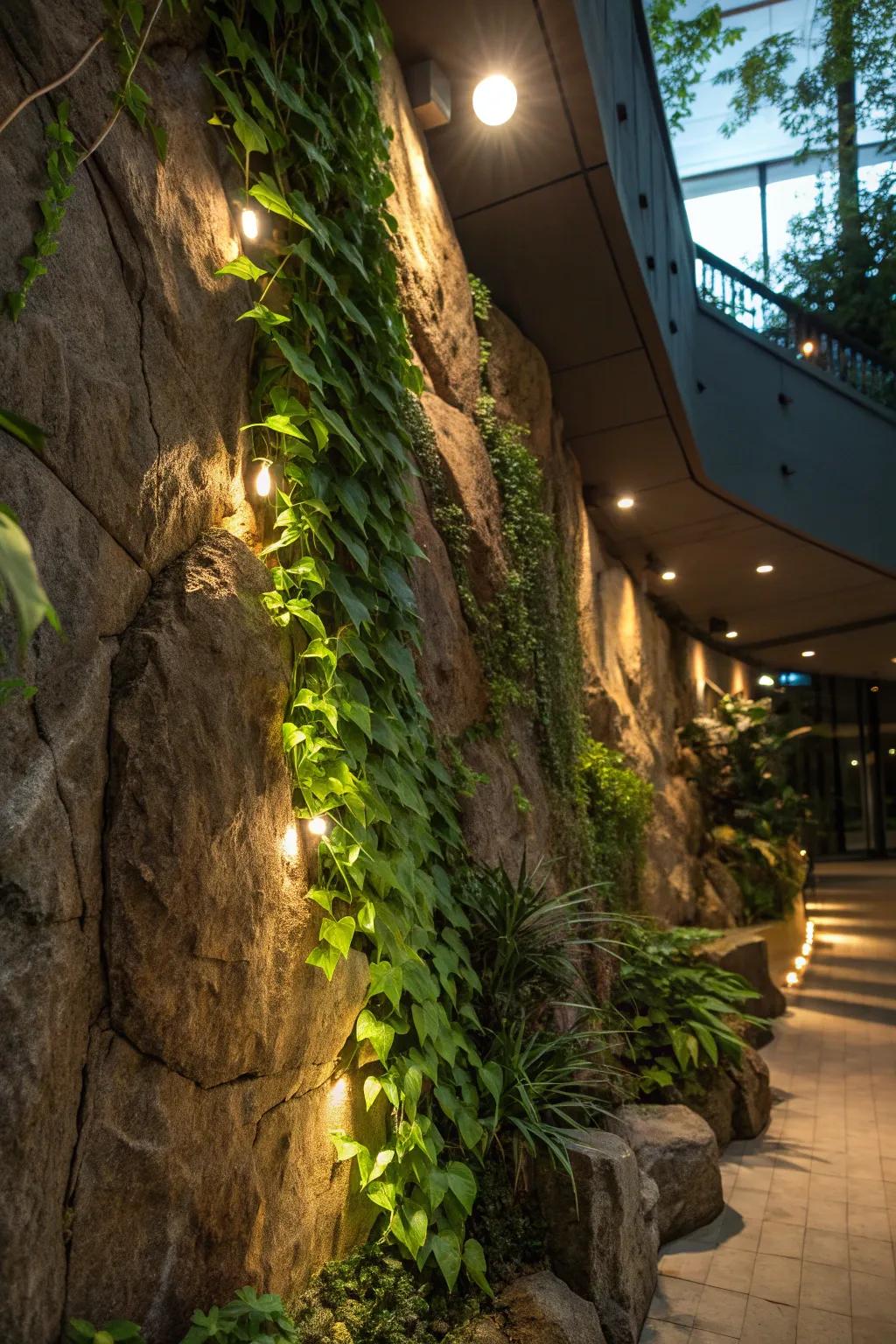 Highlighting greenery on rock walls adds a garden glow.