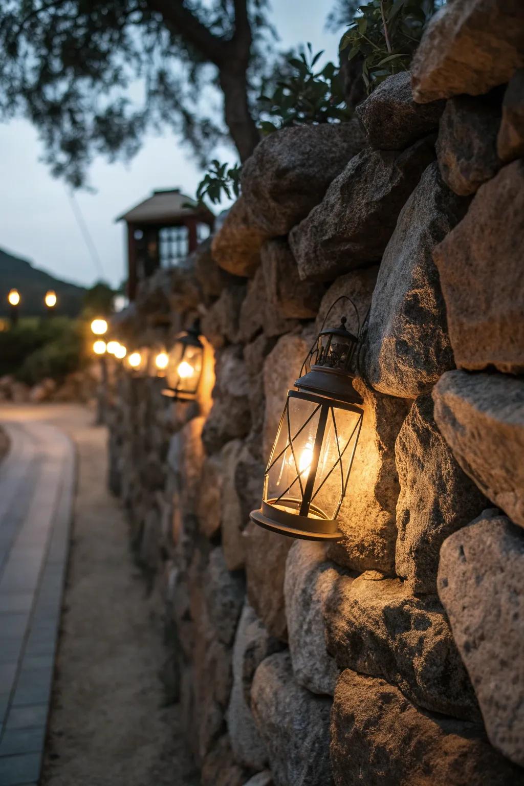 Lantern-style lights add rustic charm to rock walls.