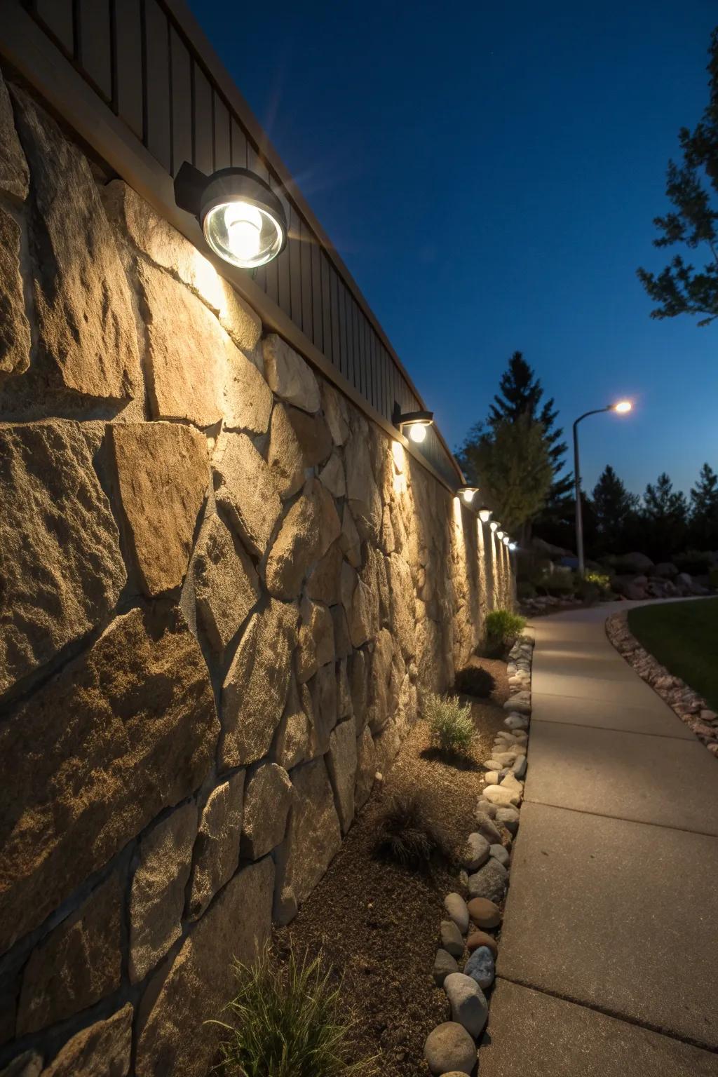 Motion sensor lights enhance safety around rock walls.