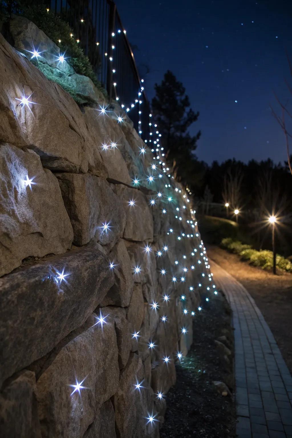 Fiber optic lights create a starry night on rock walls.