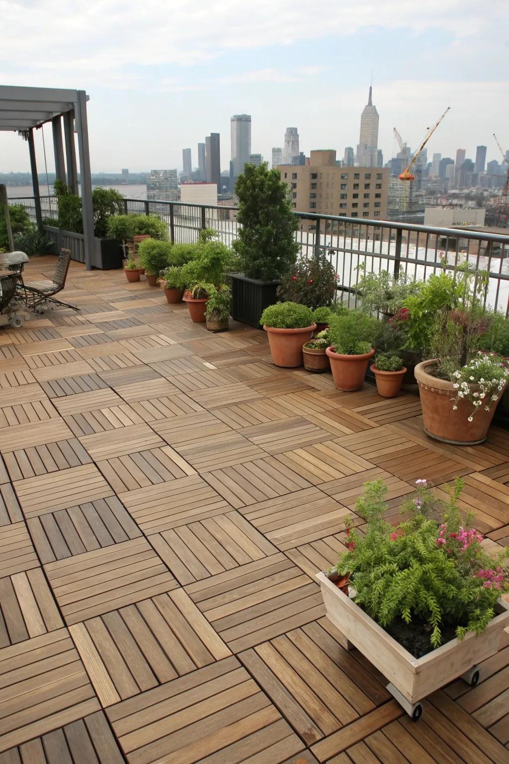 Wood deck tiles bring natural warmth to any rooftop space.