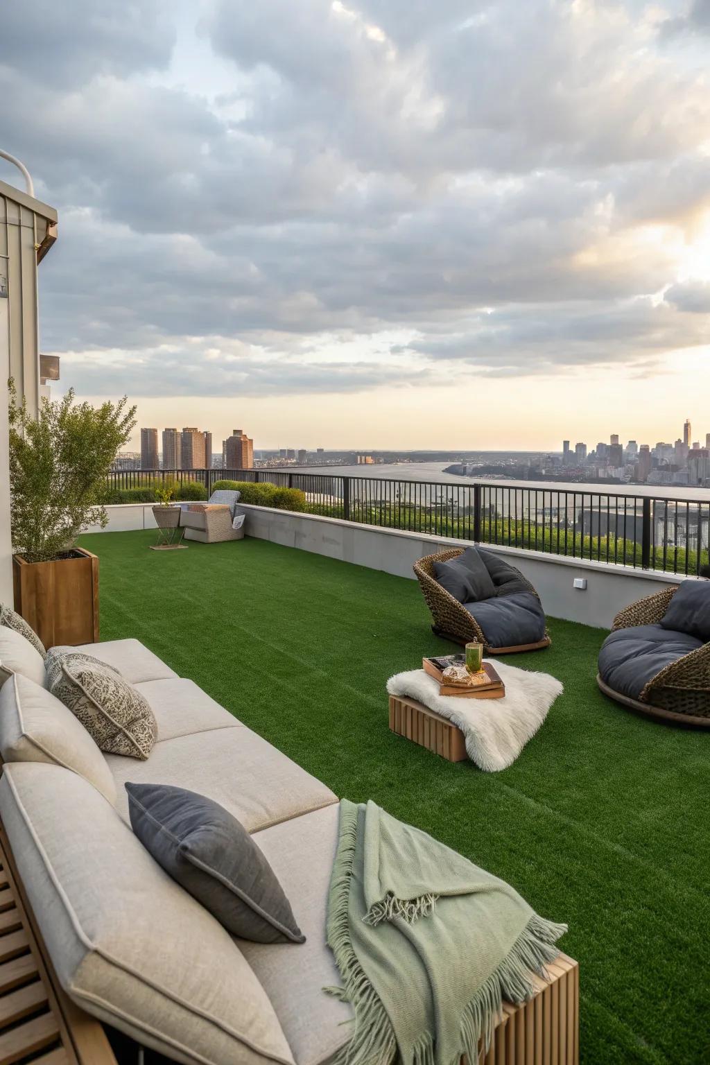 Artificial turf brings vibrant greenery to urban rooftops.