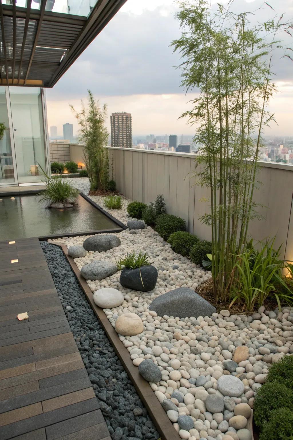 Pebble flooring adds a natural and textured aesthetic.