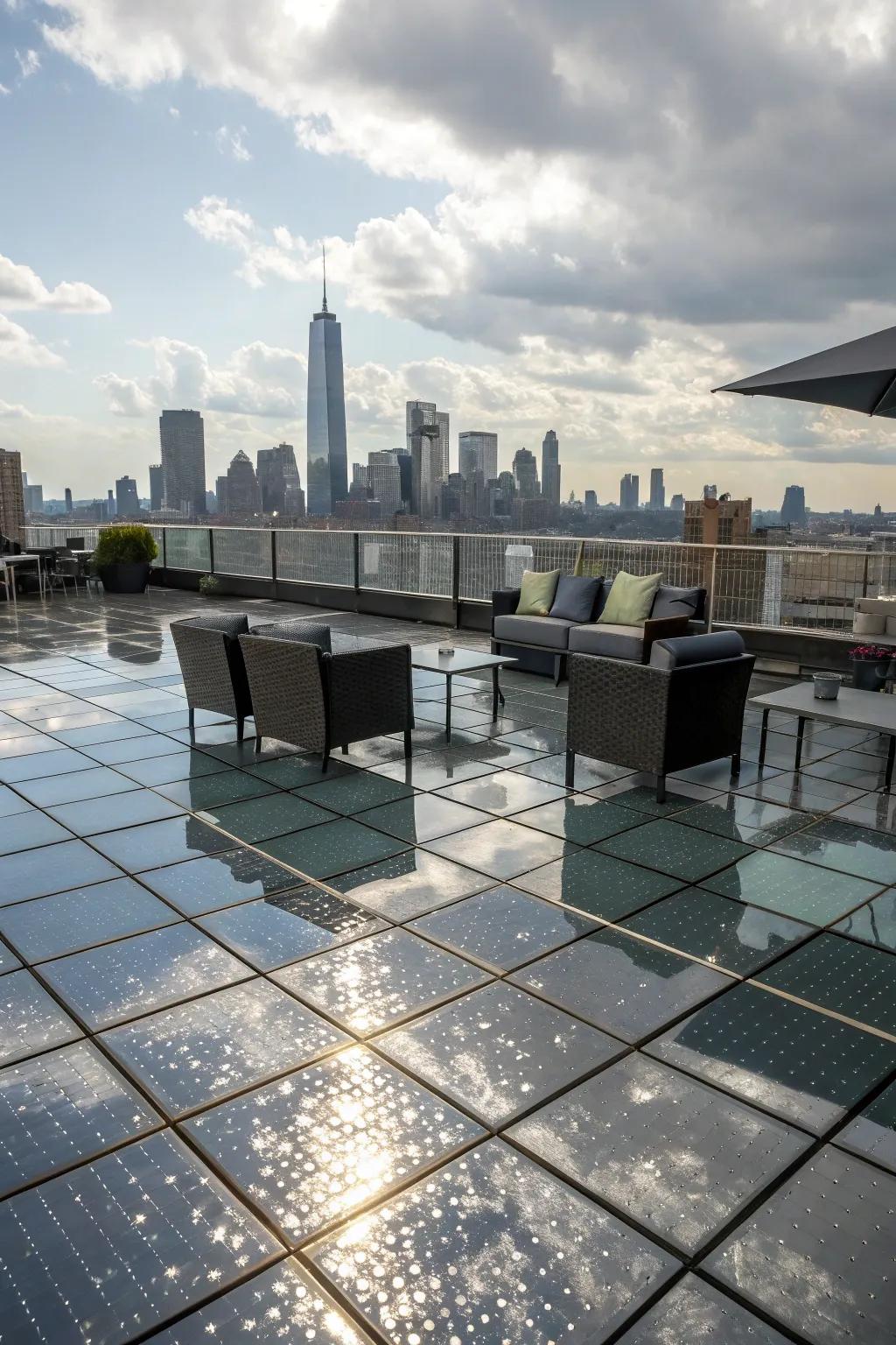 Reflective tiles create a dazzling and modern rooftop space.