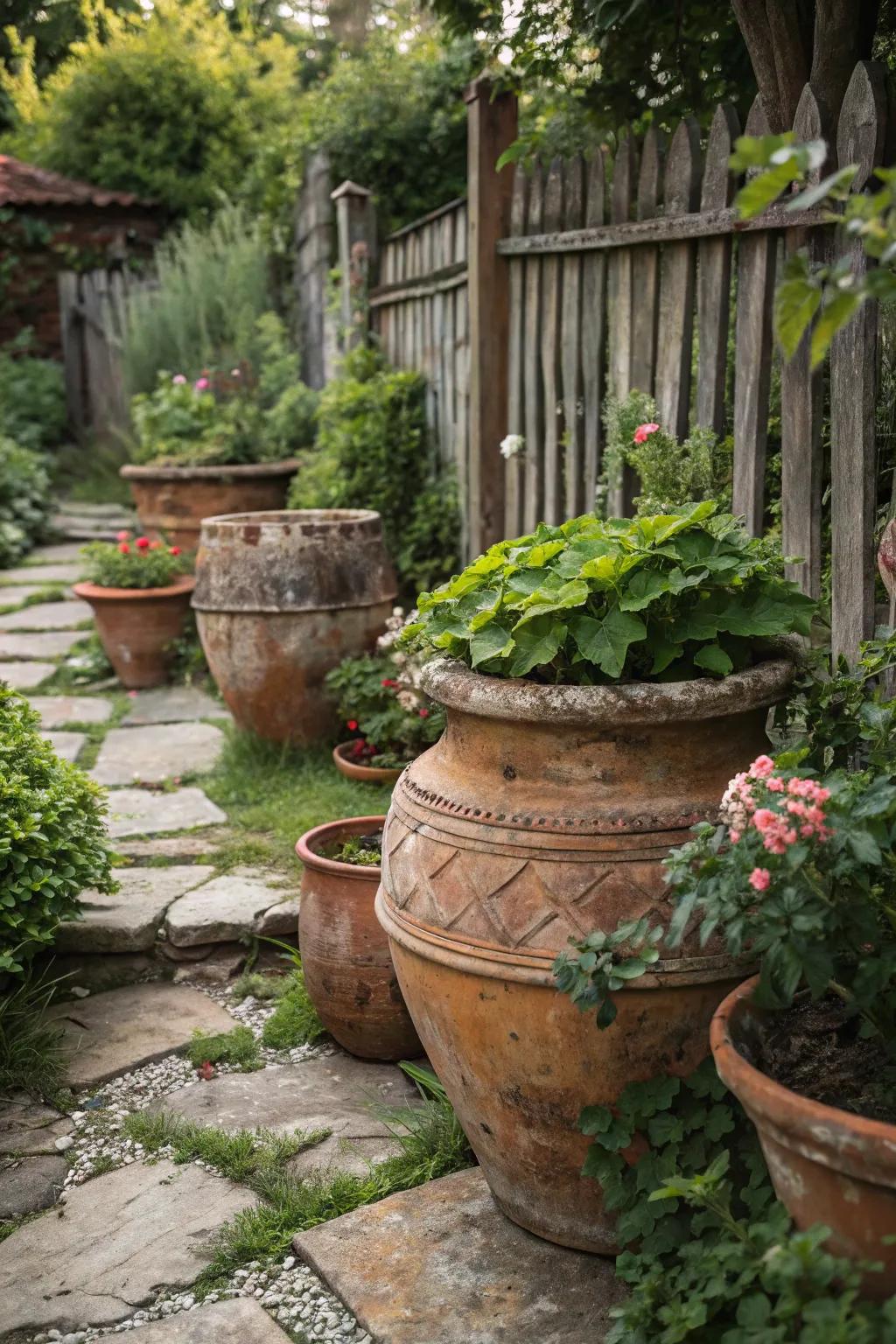 A vintage distressed finish gives pots an aged, charming look.