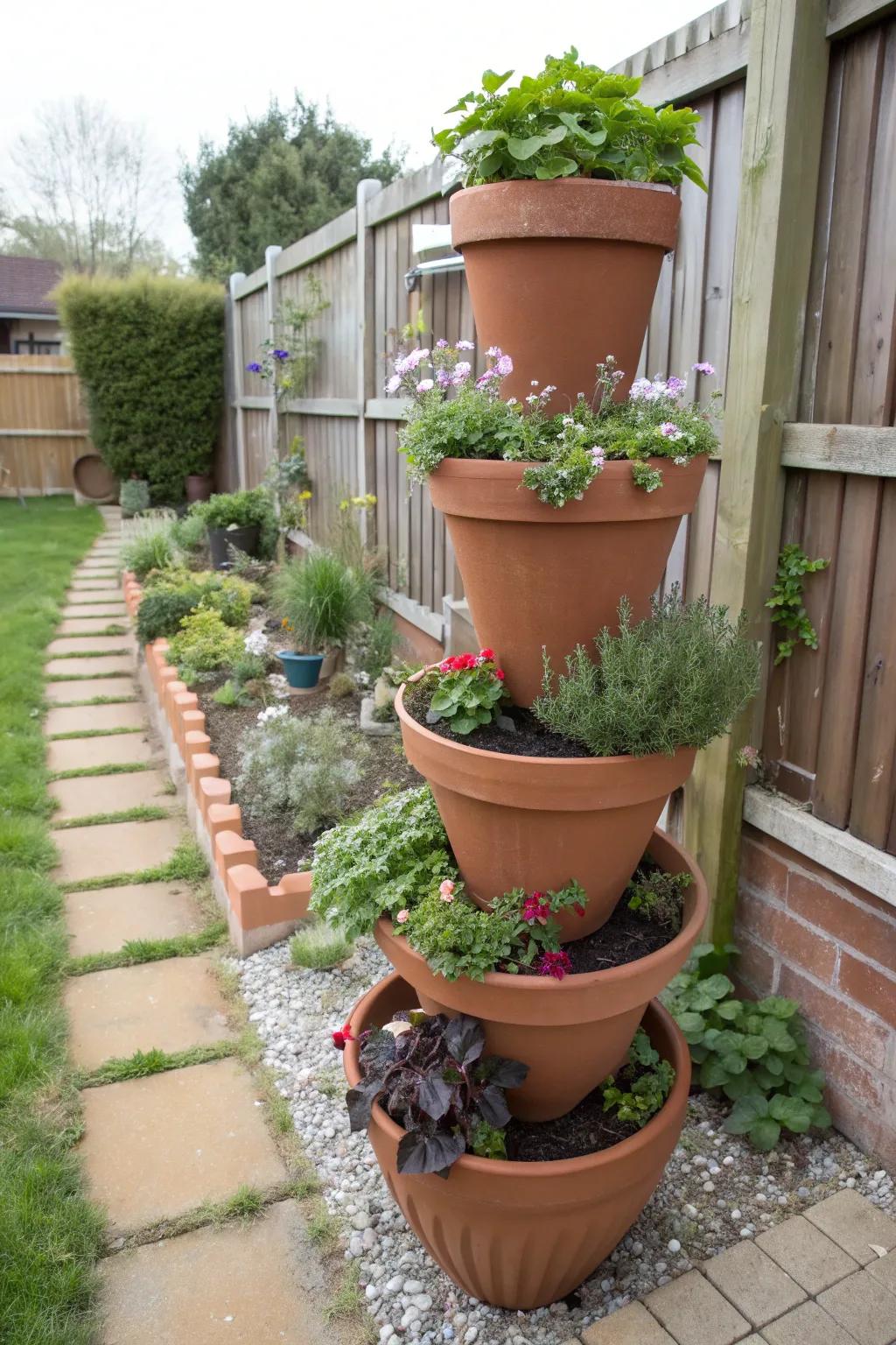 Stacked tiered planters make a striking garden statement.