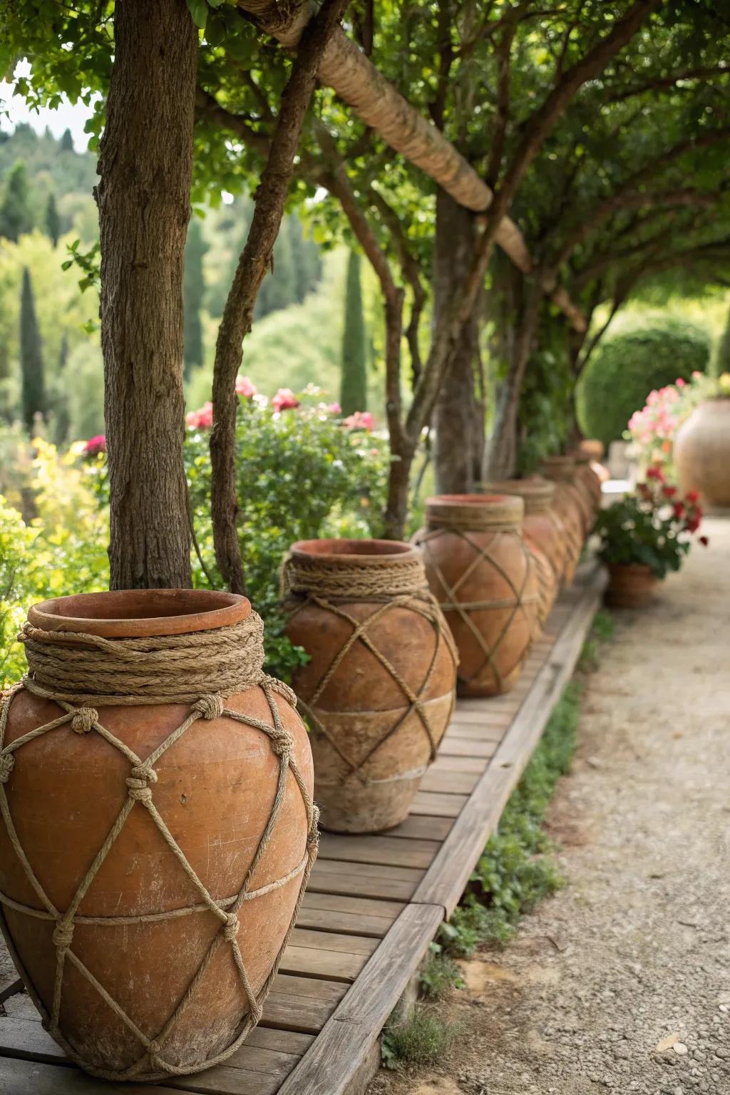 Rustic rope wrapping gives terracotta pots an earthy appeal.