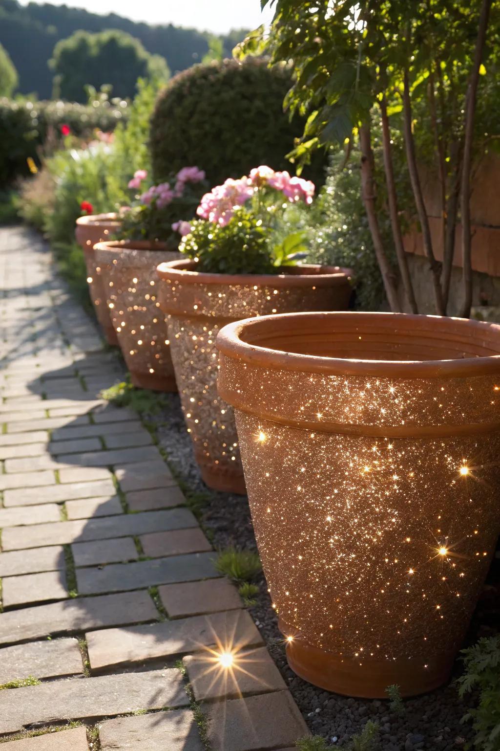 Add glamour to your garden with pots covered in glitter.