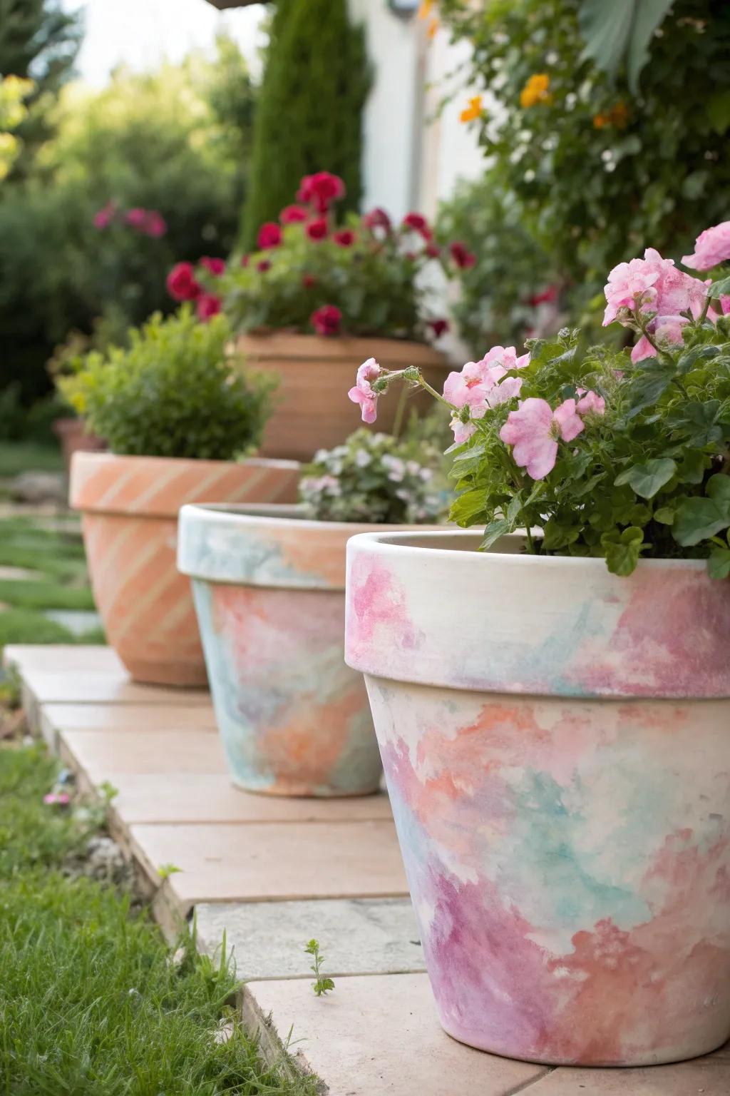 Watercolor effects create a soft, artistic look on pots.