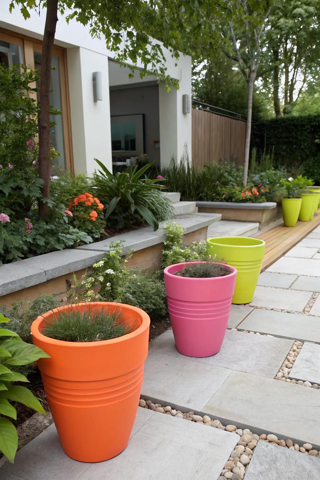 Neon colors offer a bold, modern twist to terracotta pots.