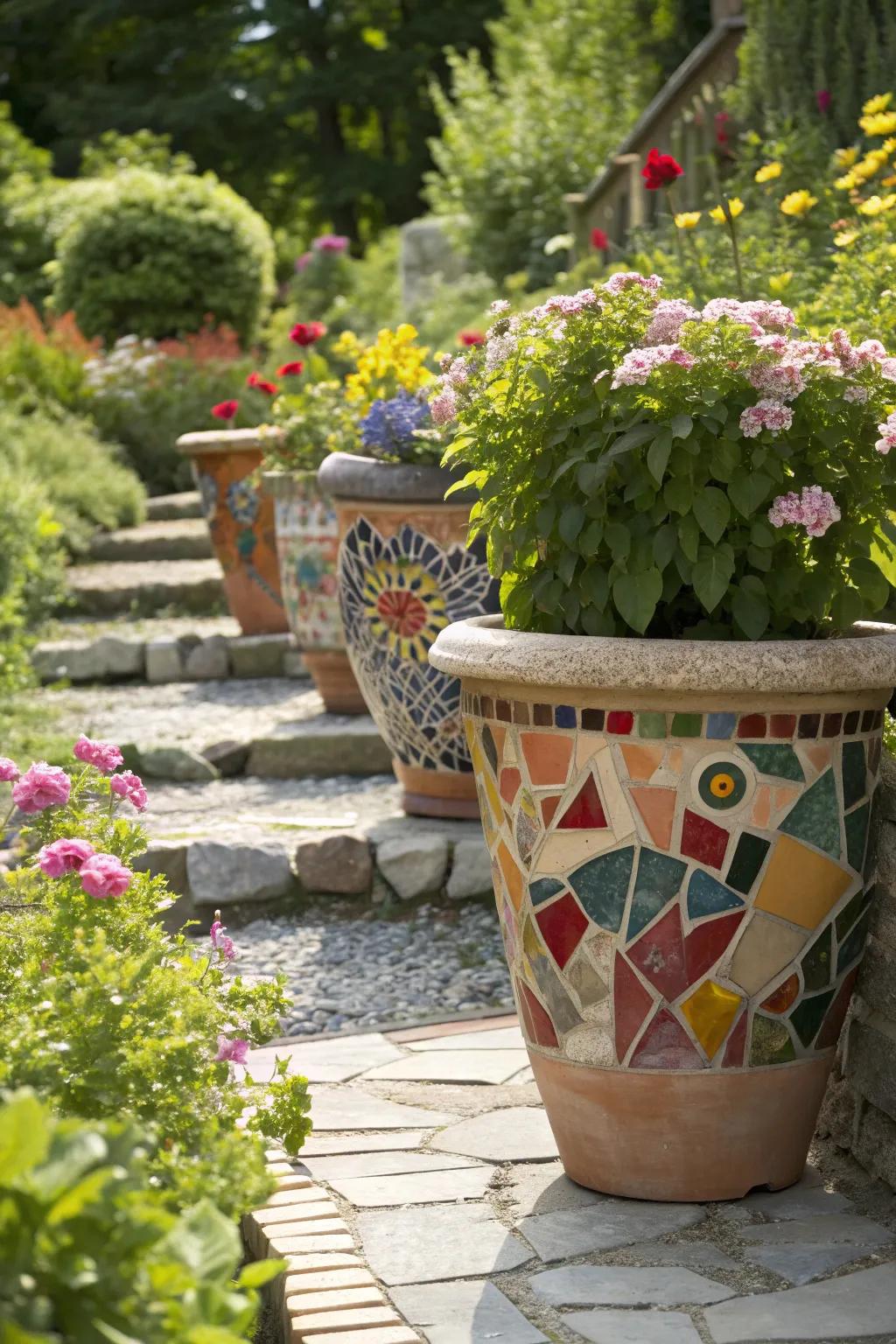 Mosaic tiles turn terracotta pots into unique art pieces.