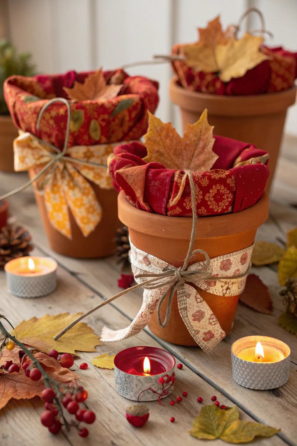 Seasonal wraps and accessories keep terracotta pots stylish year-round.