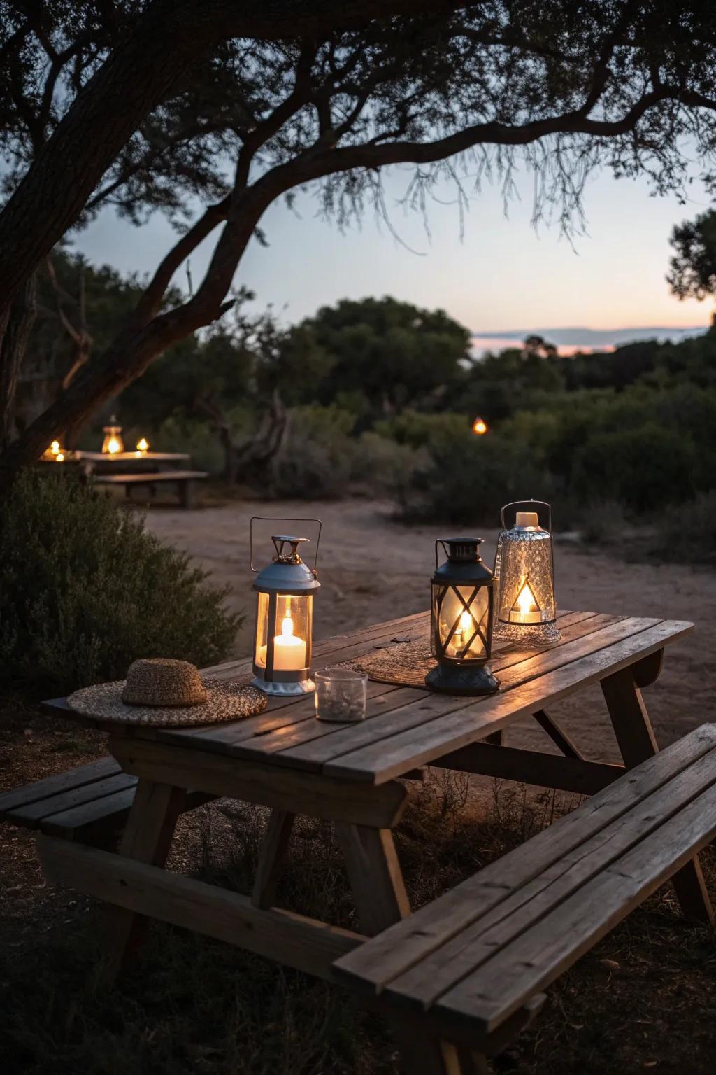 Lanterns provide practical, focused lighting for campsite activities.