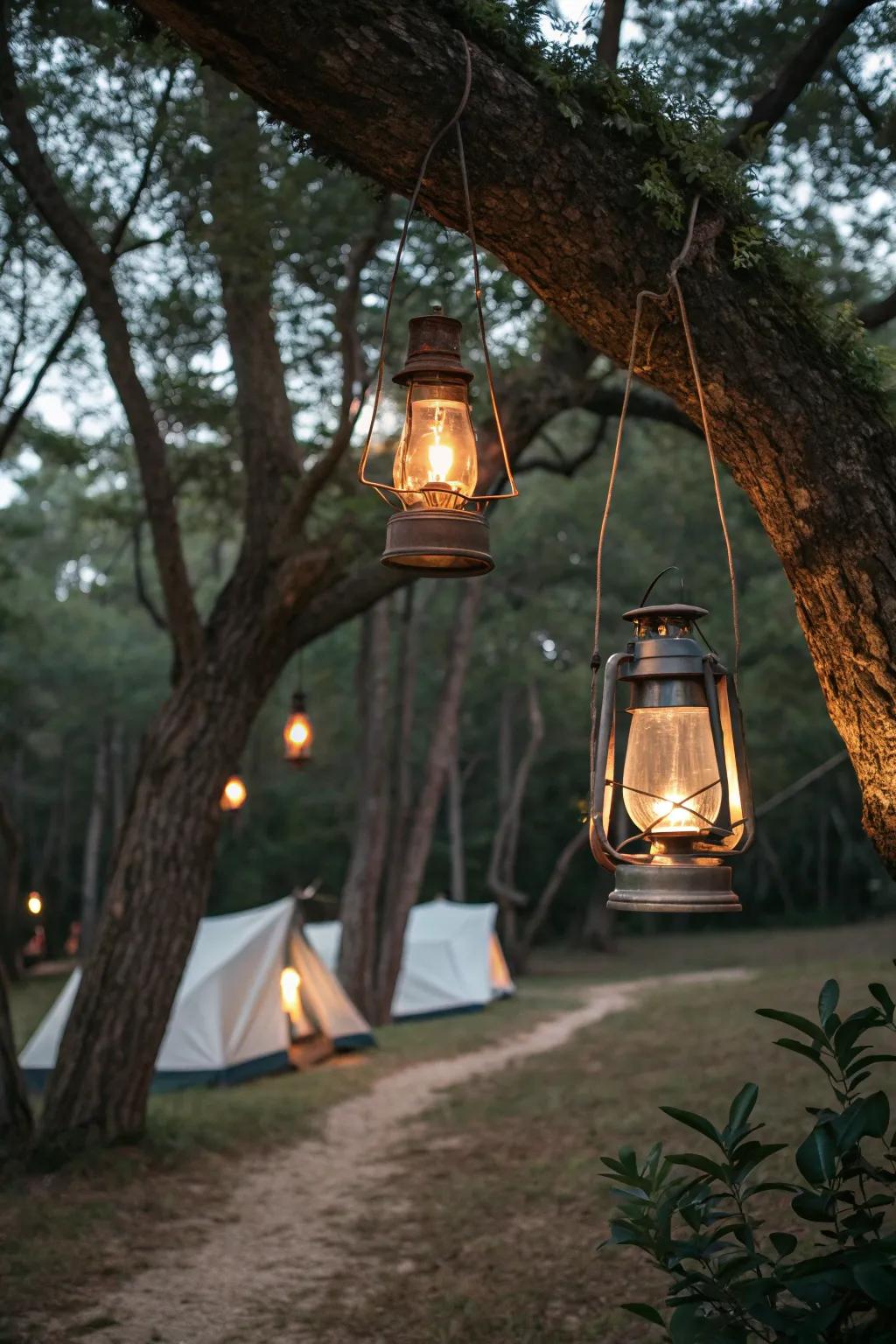 Vintage lanterns add a charming, classic feel to the campsite.