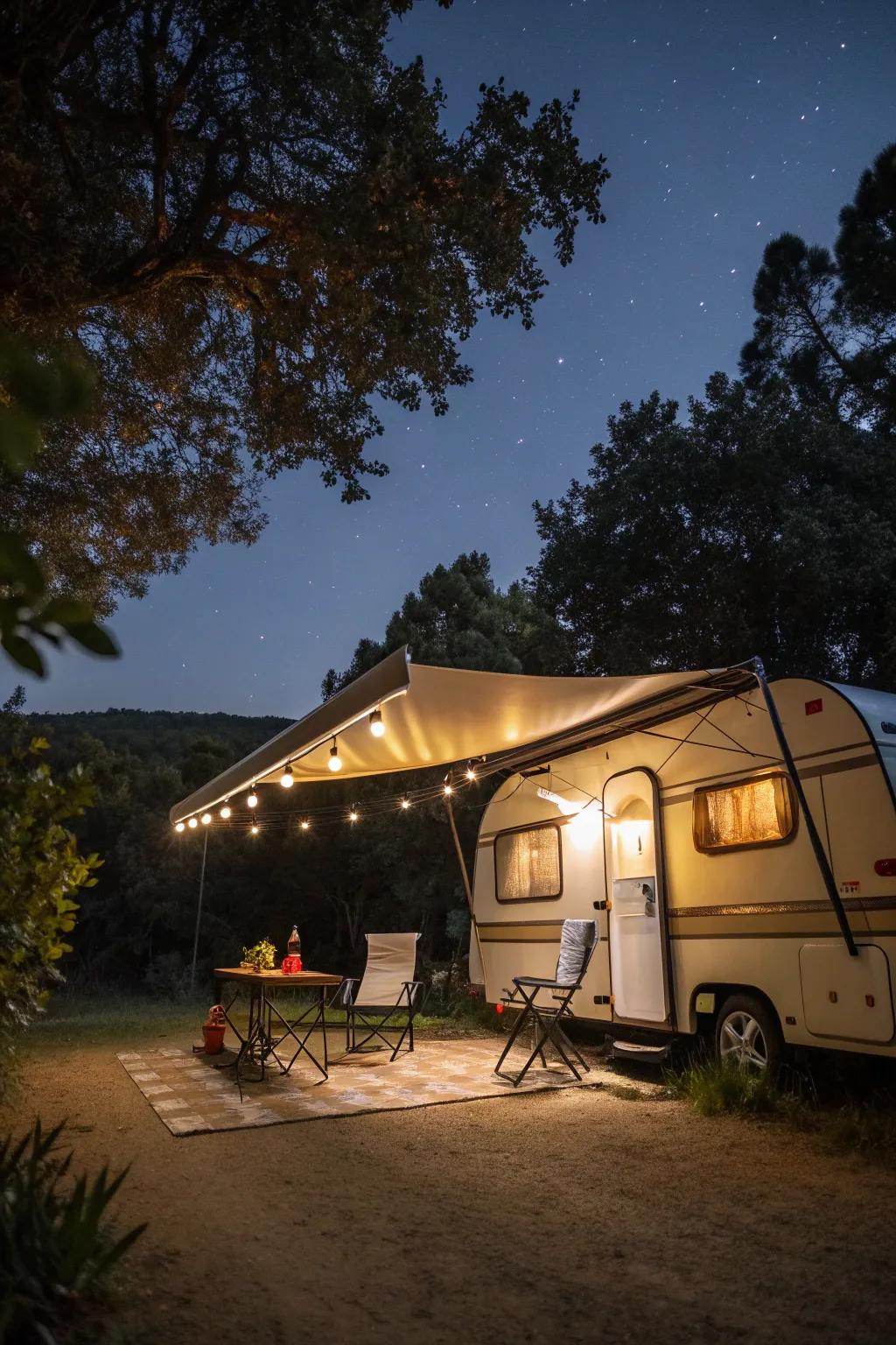Awning lights extend the camper's living space with inviting light.