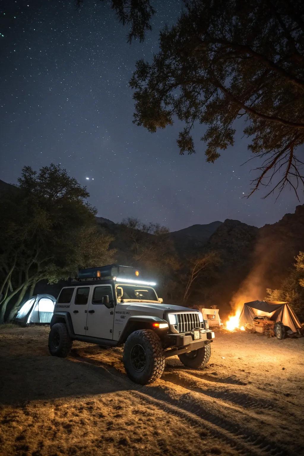 Off-road light bars provide powerful illumination for adventurous campers.