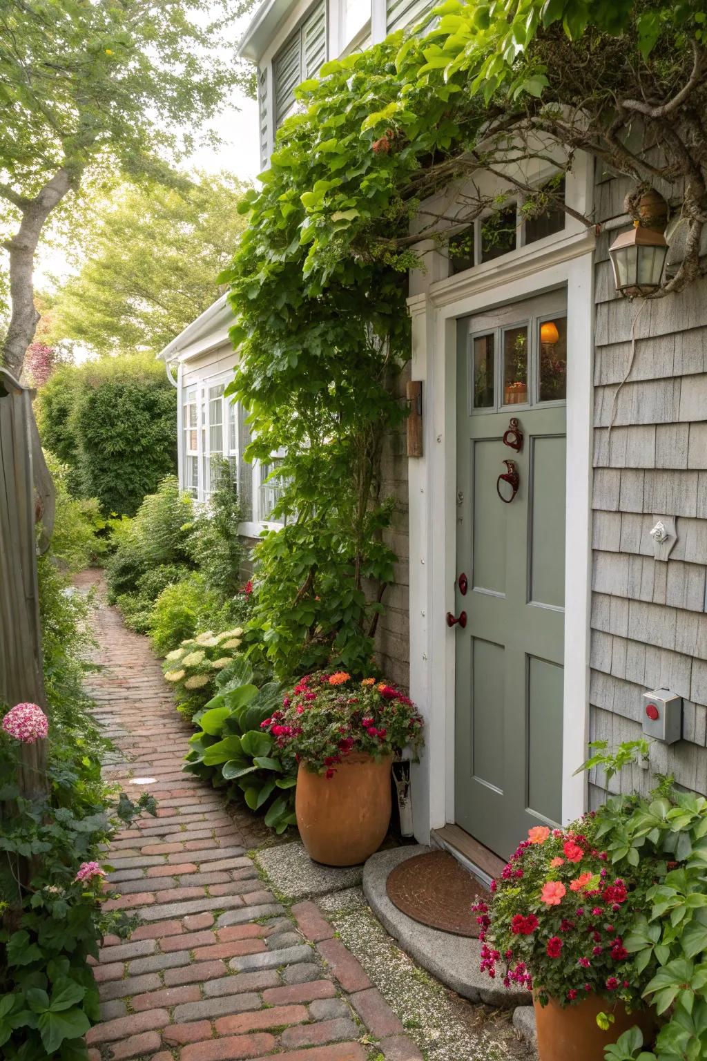 Natural elements frame this Cape Cod entrance, adding a touch of greenery.