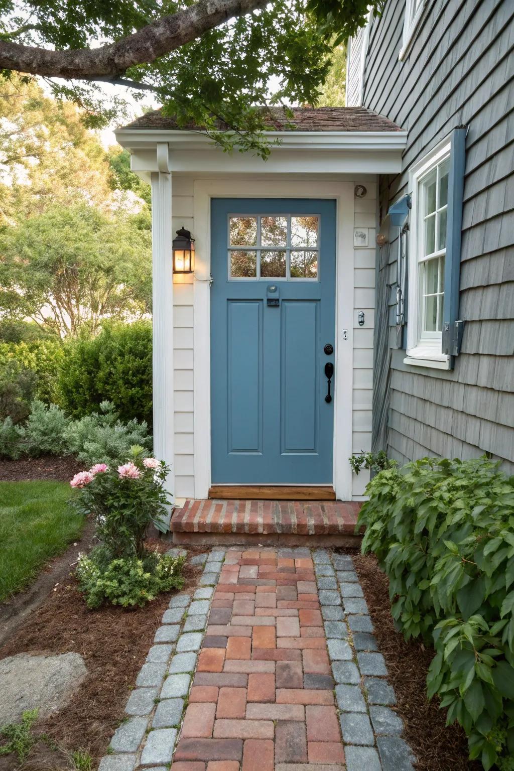 A classic brick walkway enhances the charm of this Cape Cod front door.