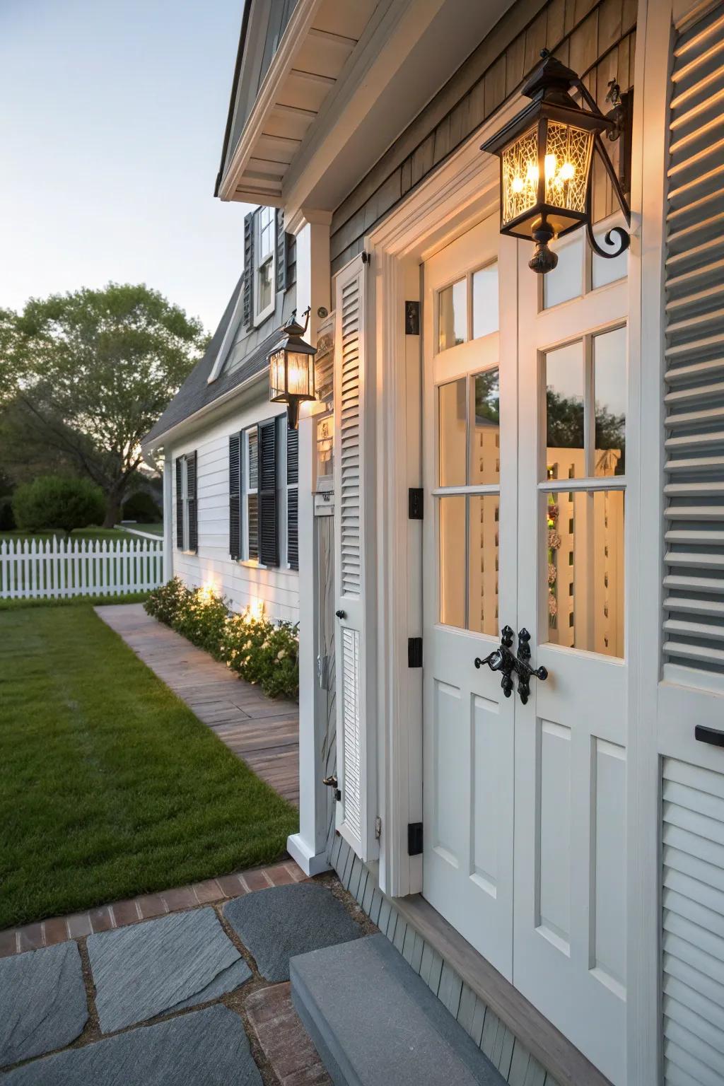Charming details like shutters and lanterns elevate this Cape Cod entrance.